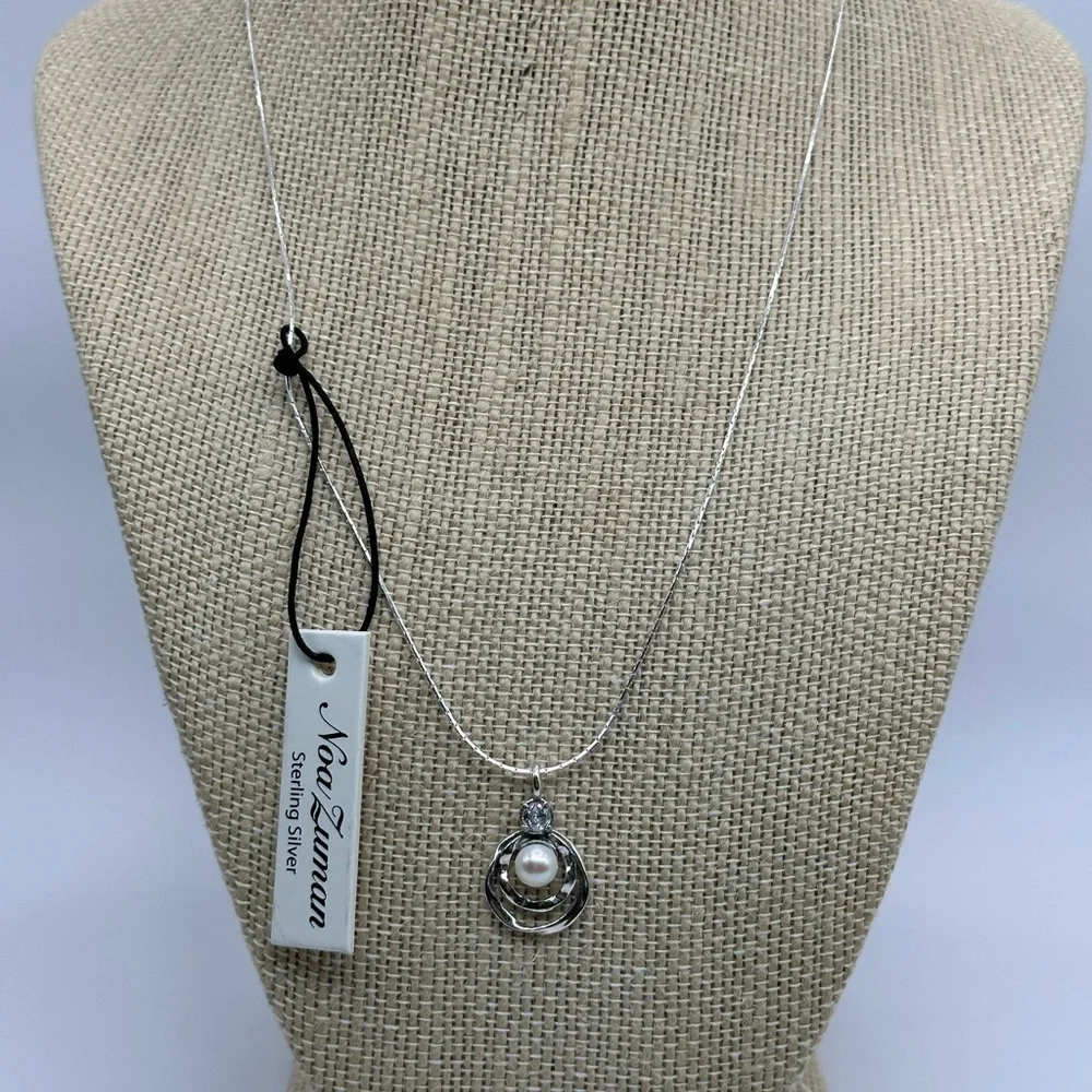 Sterling Silver Pearl & CZ Pendant Necklace